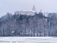Schloß Hohenaschau über winterlicher Pappelreihe